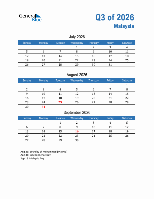 Malaysia Q3 2026 Quarterly Calendar with Sunday Start