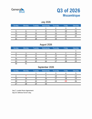 Mozambique Quarter 3  2026 calendar template