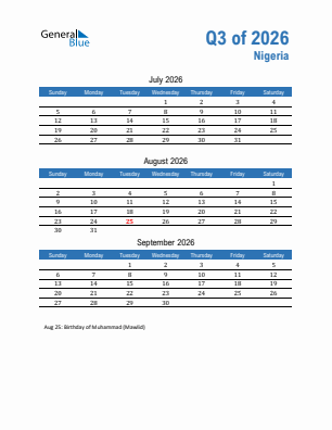 Nigeria Quarter 3  2026 calendar template
