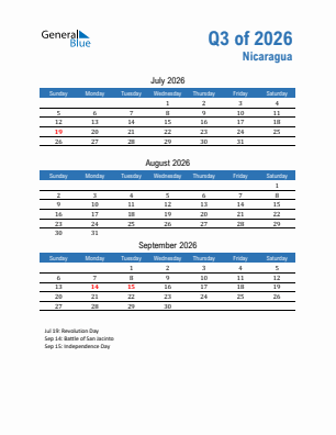 Nicaragua Quarter 3  2026 calendar template