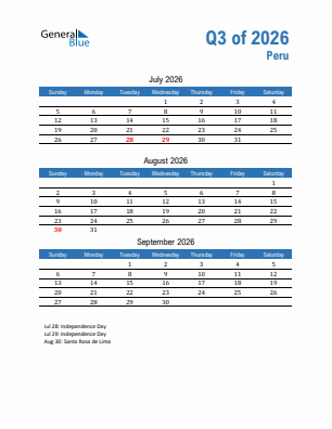 Peru Quarter 3  2026 calendar template