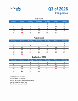 Philippines Quarter 3  2026 calendar template