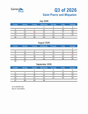 Saint Pierre and Miquelon Quarter 3  2026 calendar template