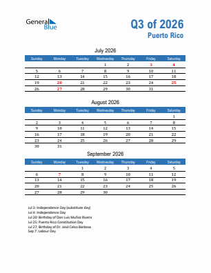 Puerto Rico Quarter 3  2026 calendar template