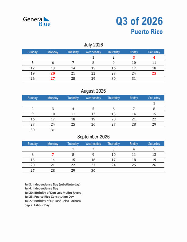 Puerto Rico Q3 2026 Quarterly Calendar with Sunday Start