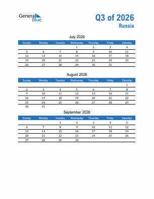 Russia Quarter 3  2026 calendar template