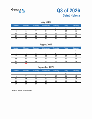 Saint Helena Quarter 3  2026 calendar template