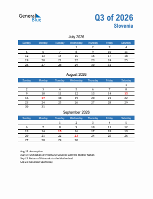 Slovenia Quarter 3  2026 calendar template