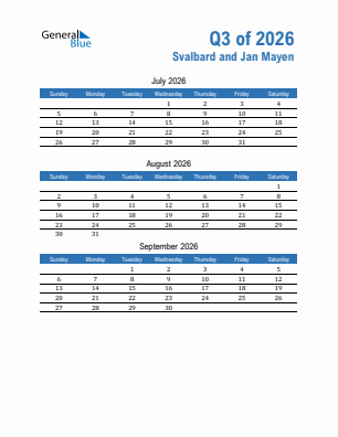 Svalbard and Jan Mayen Quarter 3  2026 calendar template