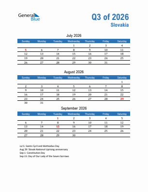 Slovakia Quarter 3  2026 calendar template