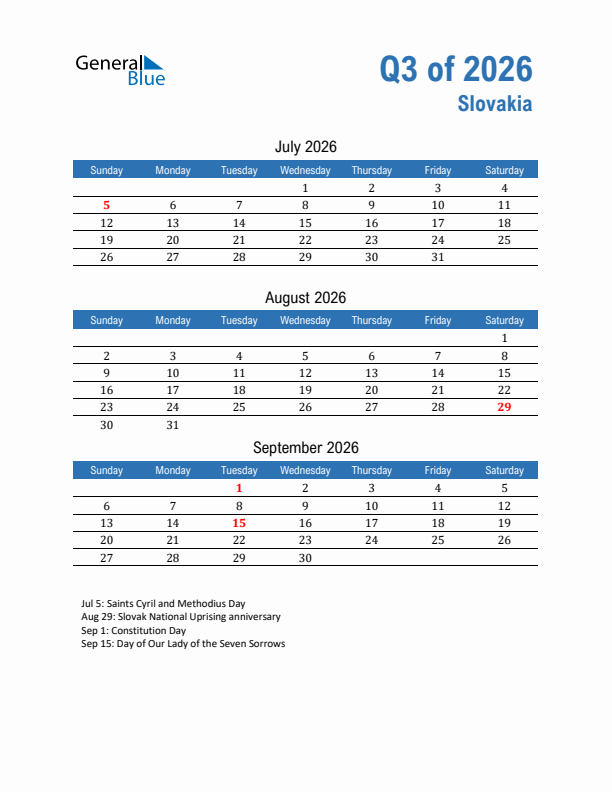 Slovakia Q3 2026 Quarterly Calendar with Sunday Start