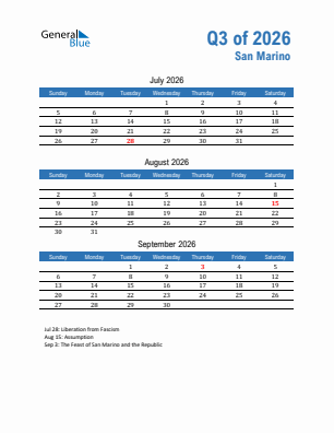 San Marino Quarter 3  2026 calendar template