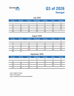 Senegal Quarter 3  2026 calendar template