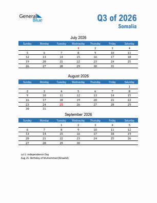 Somalia Quarter 3  2026 calendar template
