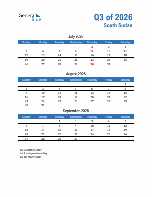 South Sudan Quarter 3  2026 calendar template