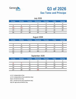 Sao Tome and Principe Quarter 3  2026 calendar template
