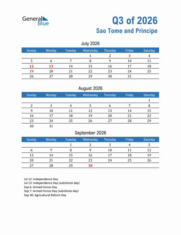 Sao Tome and Principe Q3 2026 Quarterly Calendar with Sunday Start