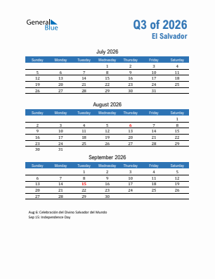 El Salvador Quarter 3  2026 calendar template