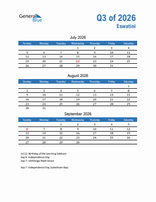 Eswatini Quarter 3  2026 calendar template