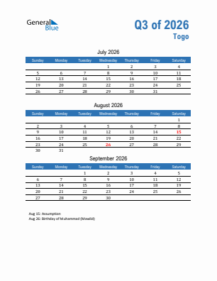 Togo Quarter 3  2026 calendar template