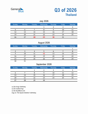 Thailand Quarter 3  2026 calendar template