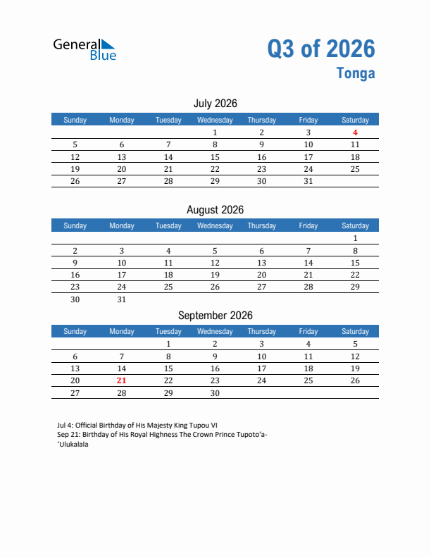 Tonga Q3 2026 Quarterly Calendar with Sunday Start