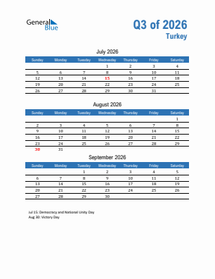 Turkey Quarter 3  2026 calendar template