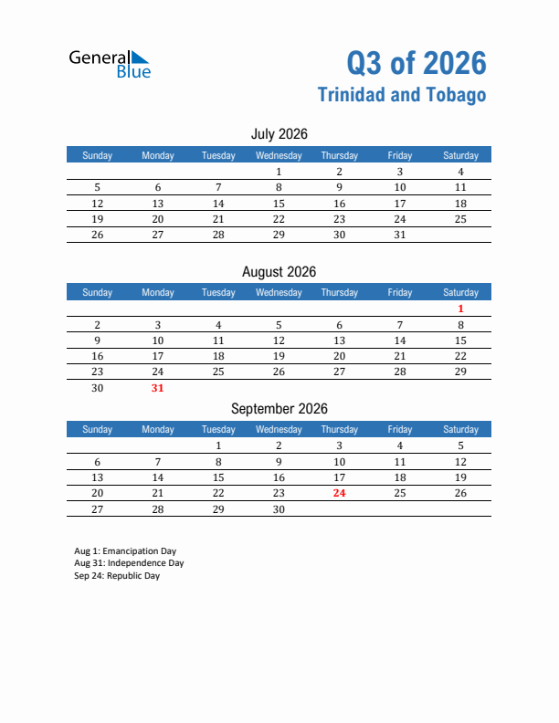 Trinidad and Tobago Q3 2026 Quarterly Calendar with Sunday Start