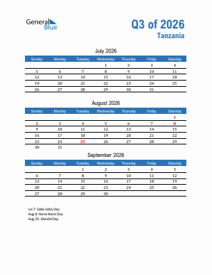 Tanzania Quarter 3  2026 calendar template