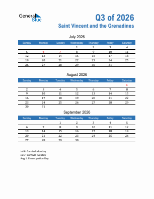 Saint Vincent and the Grenadines Quarter 3  2026 calendar template
