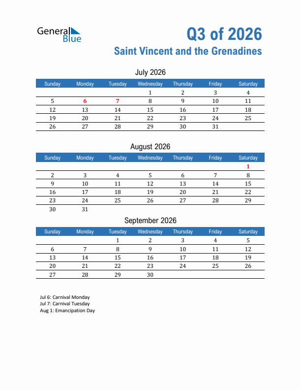 Saint Vincent and the Grenadines Q3 2026 Quarterly Calendar with Sunday Start