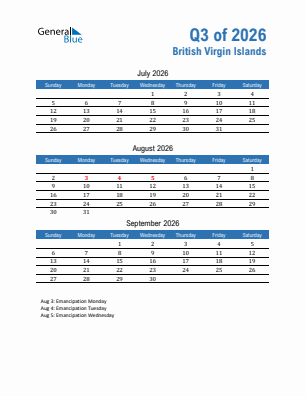 British Virgin Islands Quarter 3  2026 calendar template