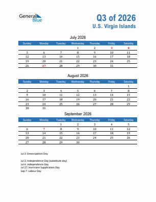 U.S. Virgin Islands Quarter 3  2026 calendar template