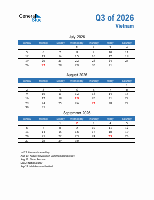 Vietnam Quarter 3  2026 calendar template