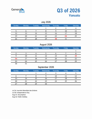 Vanuatu Quarter 3  2026 calendar template
