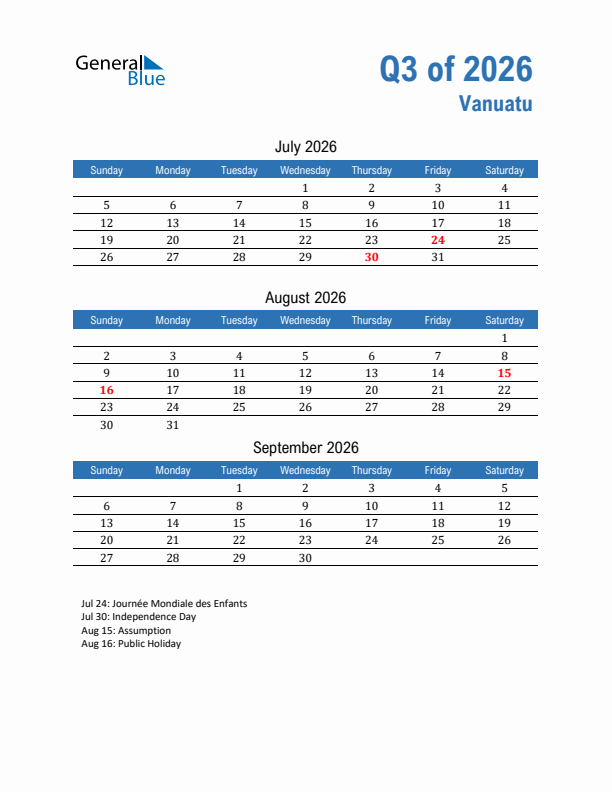 Vanuatu Q3 2026 Quarterly Calendar with Sunday Start