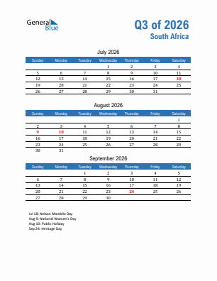 South Africa Quarter 3  2026 calendar template