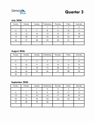 Quarter 3  2026 calendar template