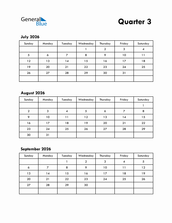 Quarter 3 2026 calendar template