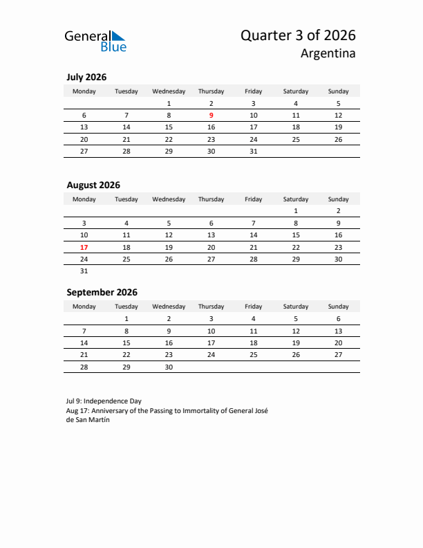 2026 Q3 Three-Month Calendar for Argentina