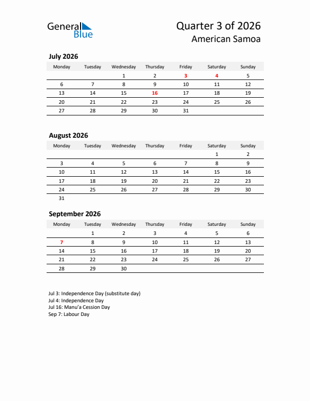 2026 Q3 Three-Month Calendar for American Samoa