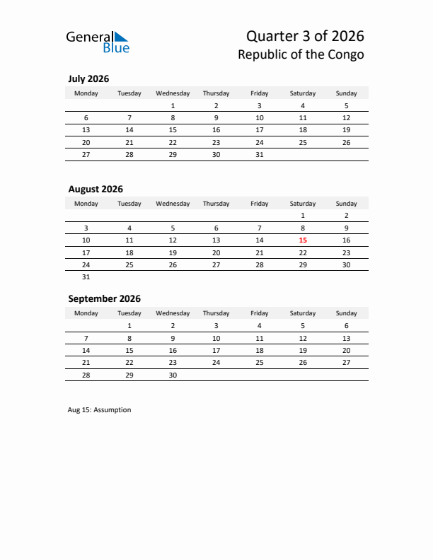 2026 Q3 Three-Month Calendar for Republic of the Congo