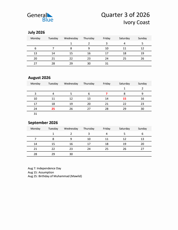 2026 Q3 Three-Month Calendar for Ivory Coast