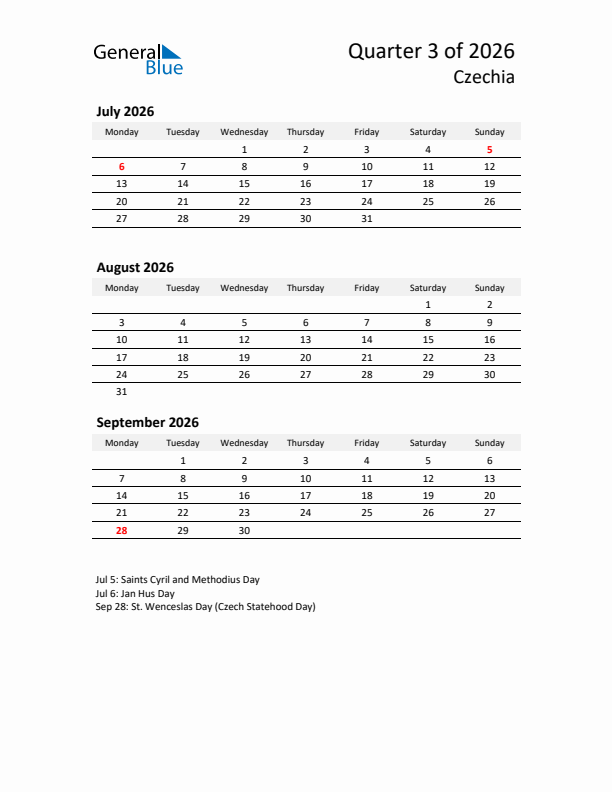 2026 Q3 Three-Month Calendar for Czechia