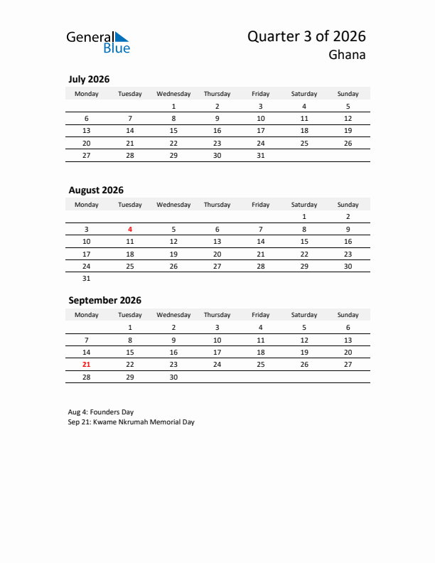 2026 Q3 Three-Month Calendar for Ghana