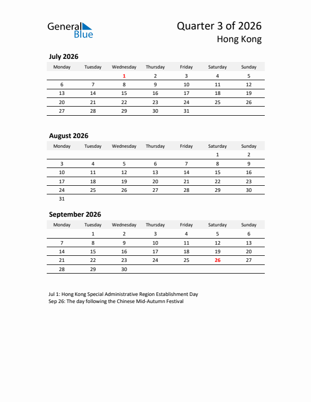 2026 Q3 Three-Month Calendar for Hong Kong