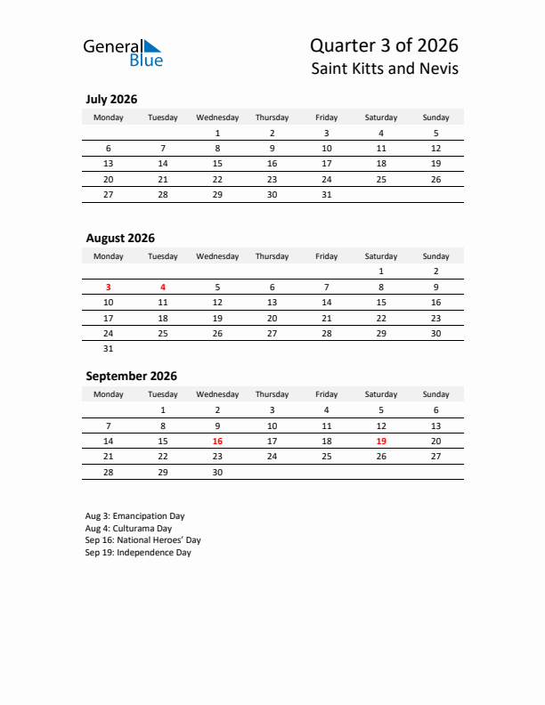 2026 Q3 Three-Month Calendar for Saint Kitts and Nevis