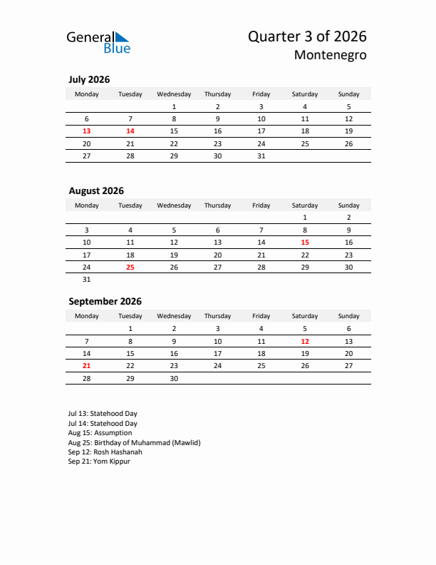 2026 Q3 Three-Month Calendar for Montenegro