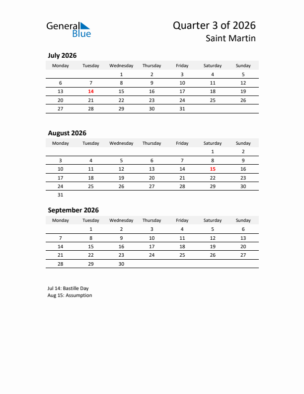 2026 Q3 Three-Month Calendar for Saint Martin