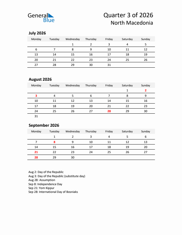 2026 Q3 Three-Month Calendar for North Macedonia
